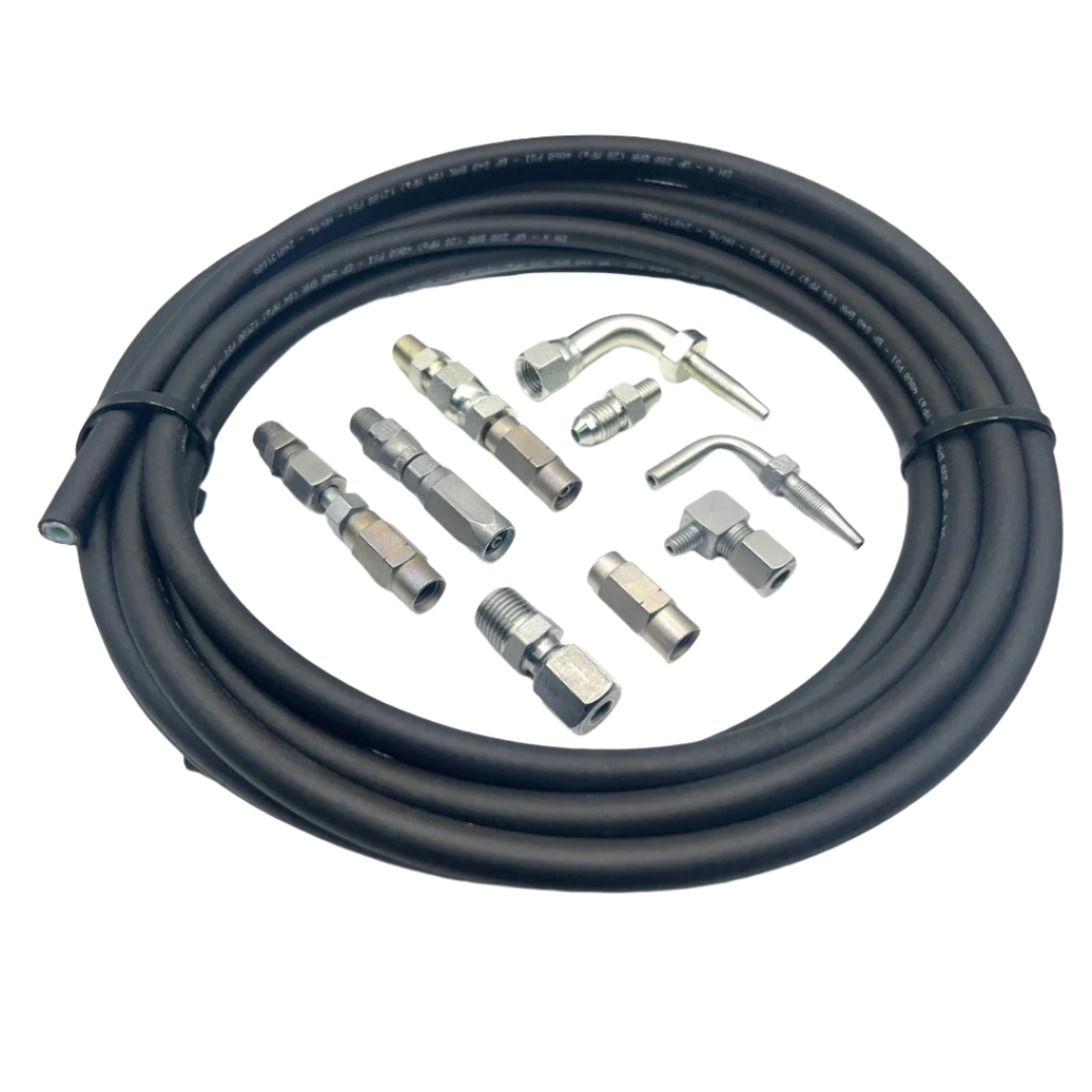 Selection of 8.6mm high pressure hoses and fittings, including Extreme High Pressure Hose, 6mm Hose Stud with Groove, 7/16 JIC Reusable Hose Stud, and Crimped Hose Ends, designed for industrial-grade lubrication tasks