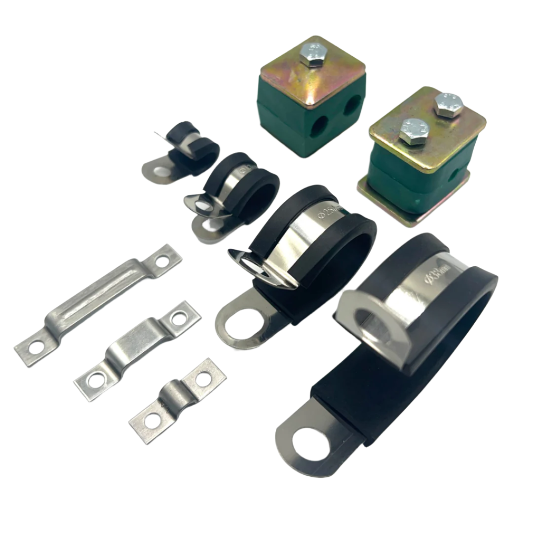 A variety of hose clamps and ties including Nylon Hose Clamps, P-Clamps, Saddles, and Stainless P-Clamps, used to secure and organize lubrication and hose systems.