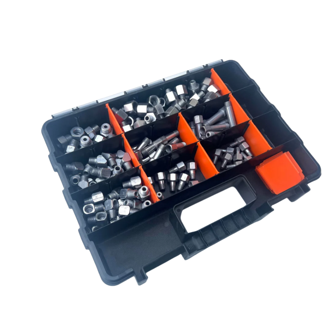 Assorted grab kits displayed in a tool case, filled with various grease fittings and lubrication components, ideal for maintaining and enhancing automatic greasing systems