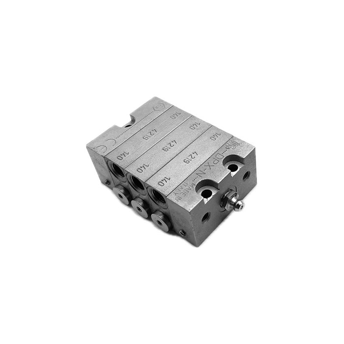 steel segmented grease divider with outlets, designed for complex lubrication systems with multiple grease points.