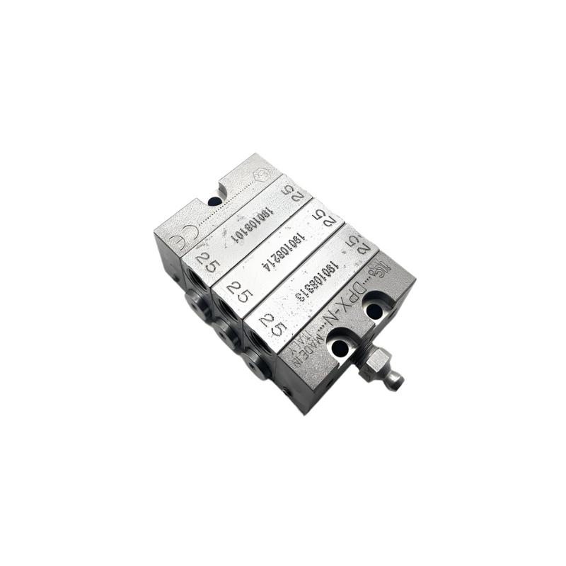  steel segmented grease divider with 6 outlets, used for grease distribution in complex lubrication setups